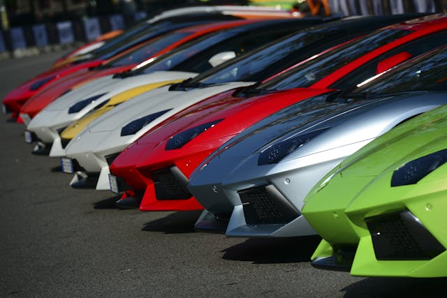 Lamborghini sports cars parked Milan Sforza castle
