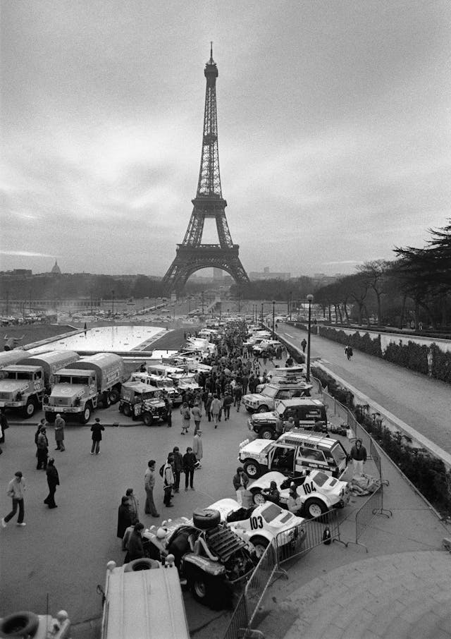 1980 paris dakar rally start eiffel tower backdrop