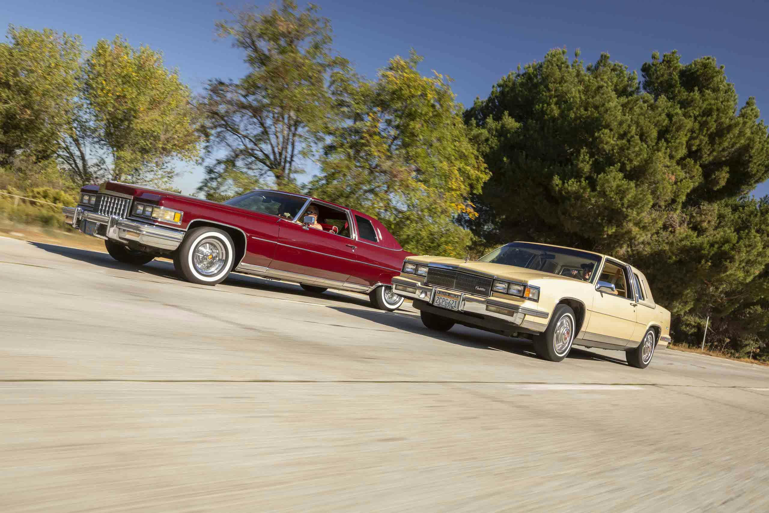Cadillac Coupe DeVille 1976 and 1986 front three-quarter driving action