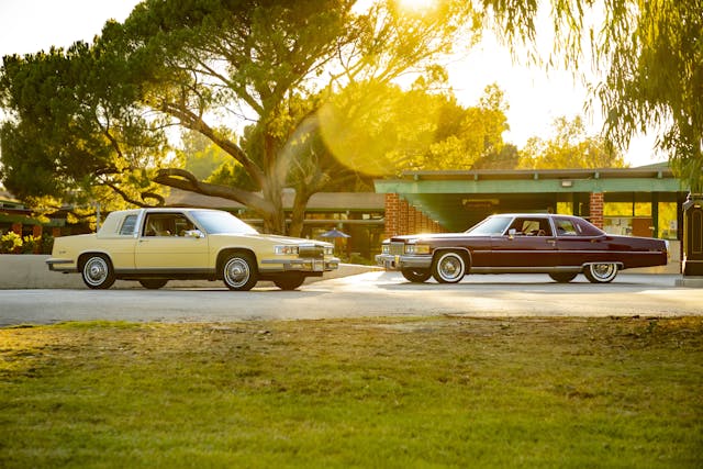 Cadillac Coupe DeVille 1976 and 1986 nose to nose