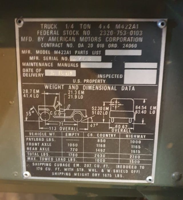 AMC M442A1 Mighty Mite placard info