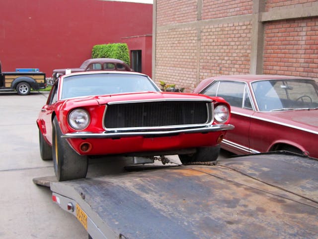 1967 Holman-Moody Mustang Batman loading on carrier front