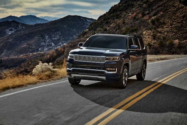 2022 Grand Wagoneer front three quarter on road