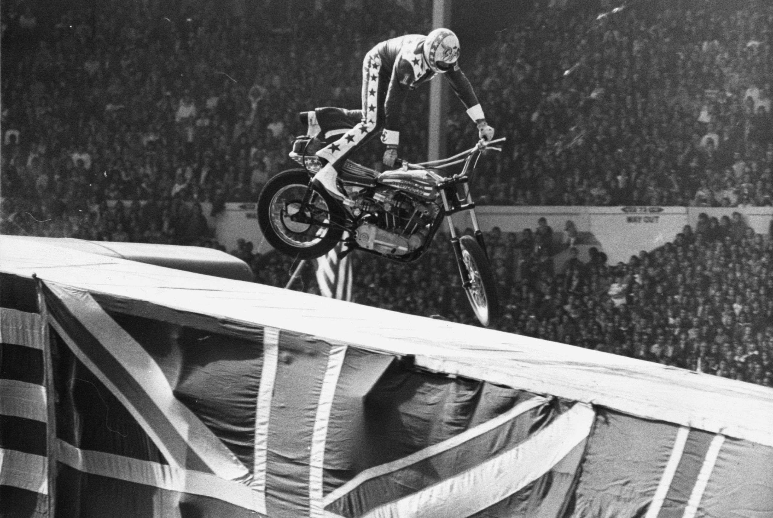 Evel Knievel Landing off his Motorcycle Wembley