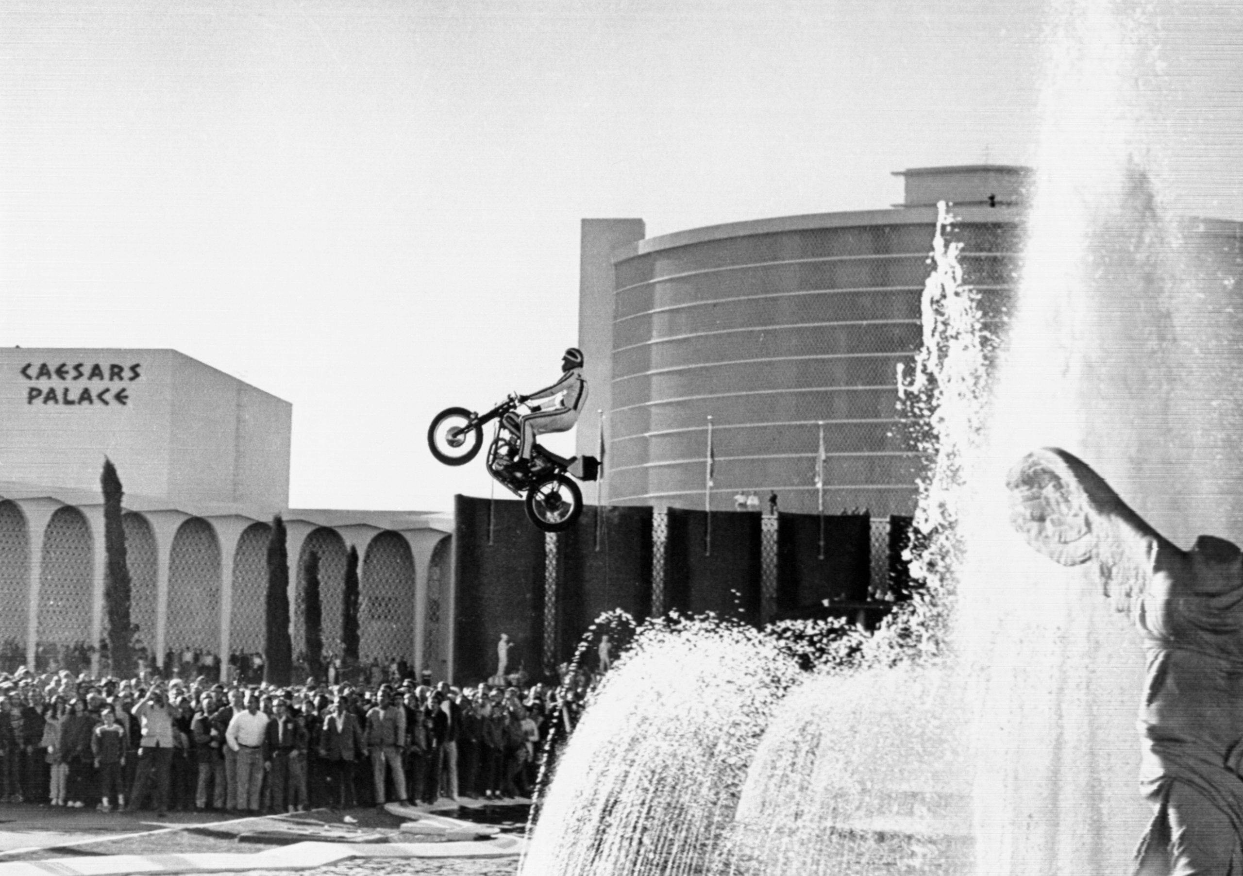 Evel Knievel Jumping Motorcycle over Caesars Palace Fountain