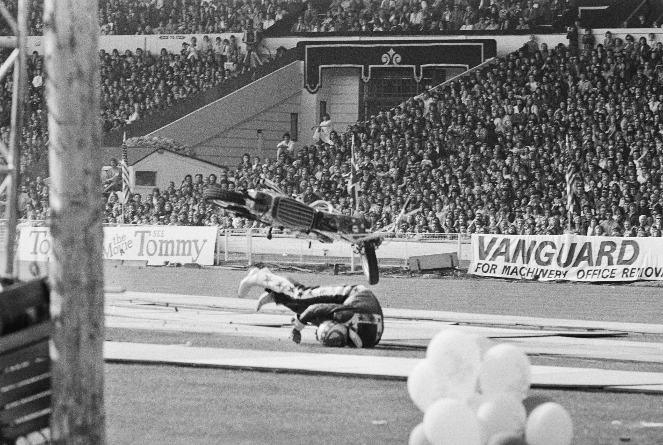 Evel Knievel Landing off his Motorcycle