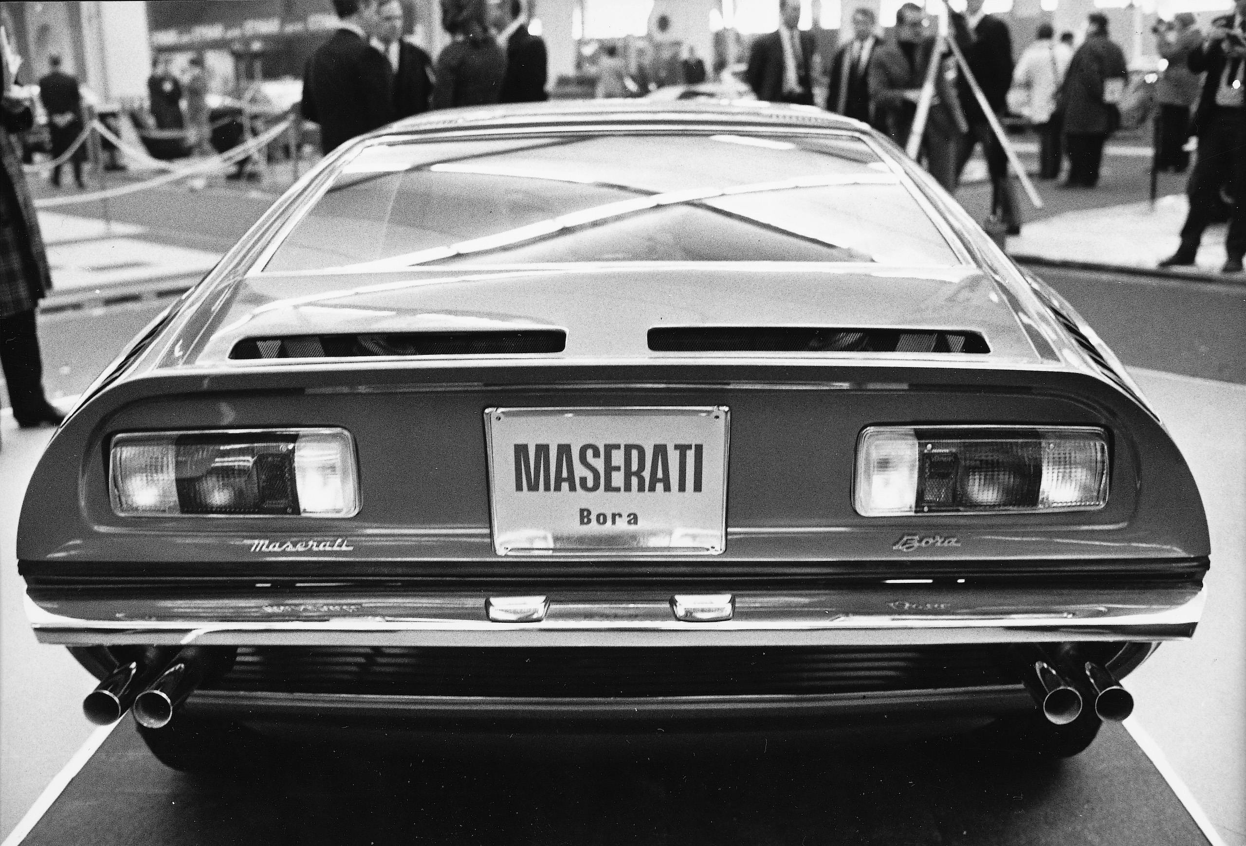 Maserati Bora rear historical black and white