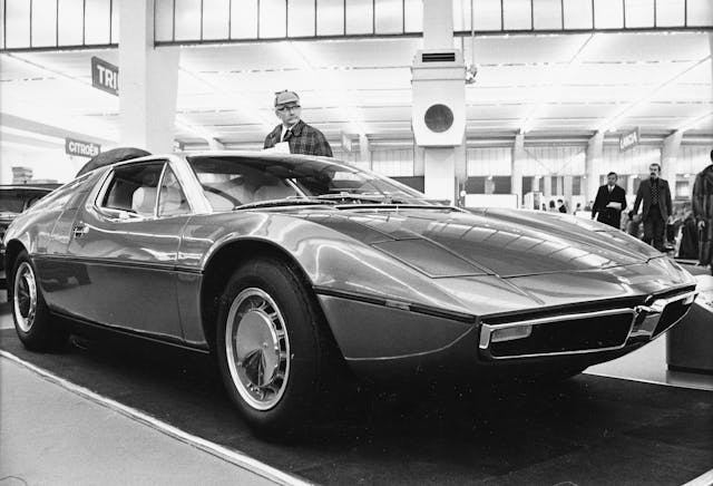 Maserati Bora front three-quarter historical black and white