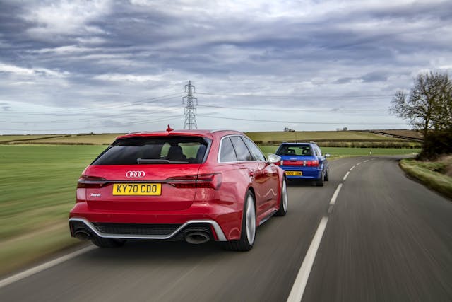 Audi RS2 leading RS6 rear countryside drive action