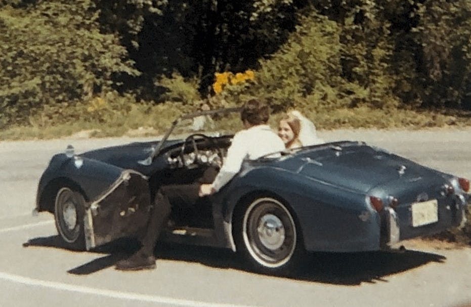 1959 Triumph TR3 leaving wedding 1971