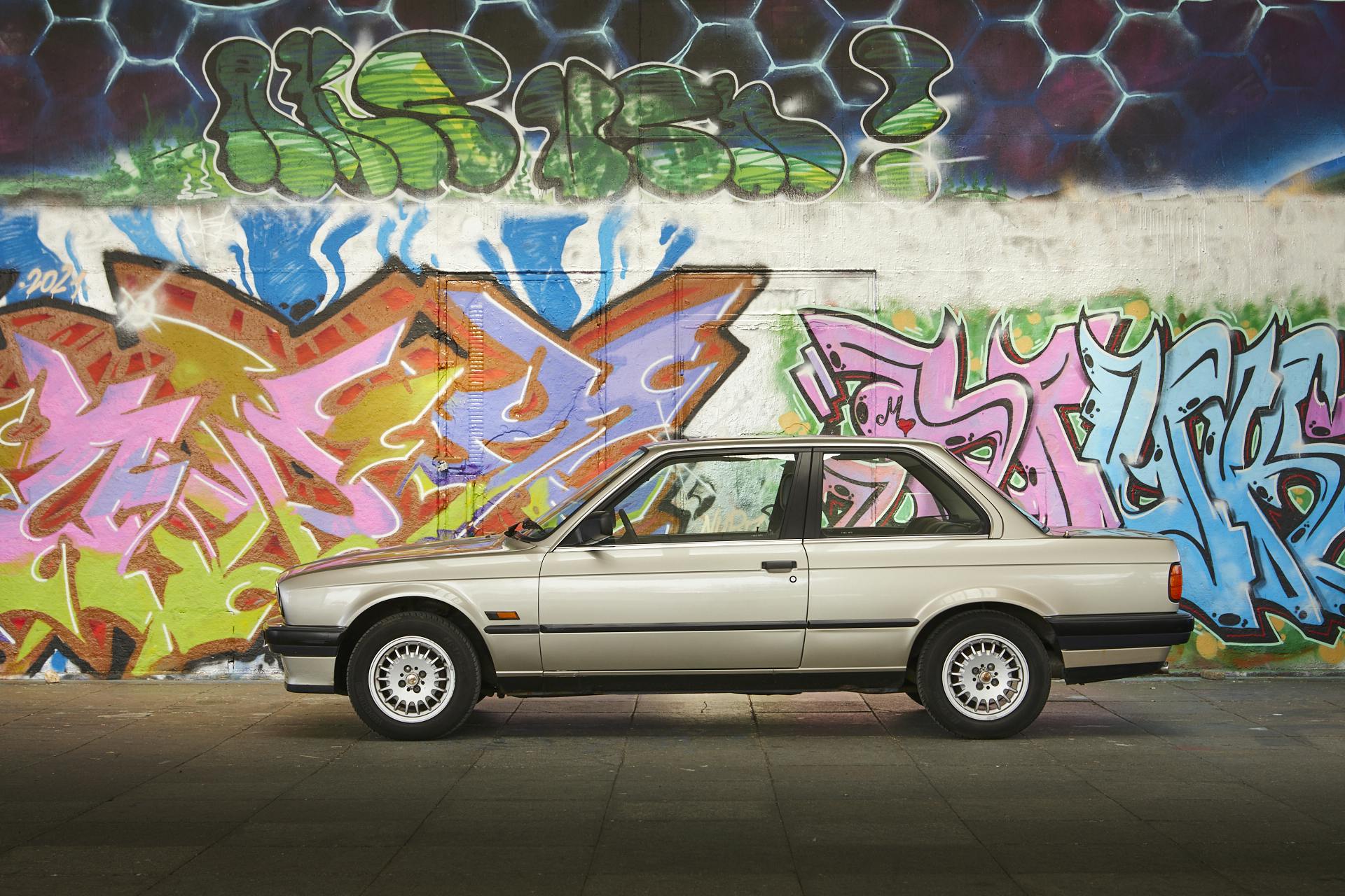 BMW 3-series side profile graffitti wall