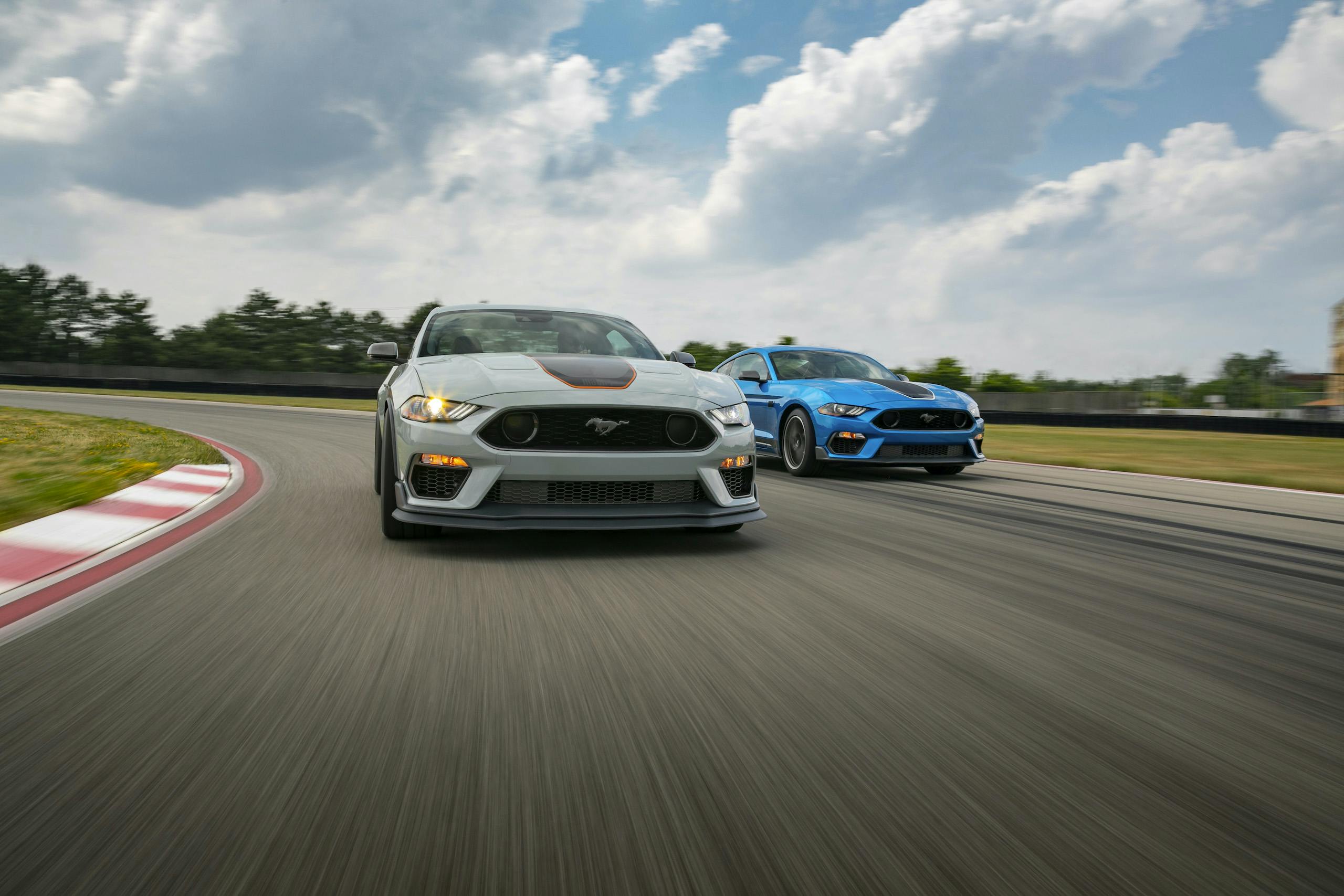 2021 Mustang Mach 1 white and blue on track action