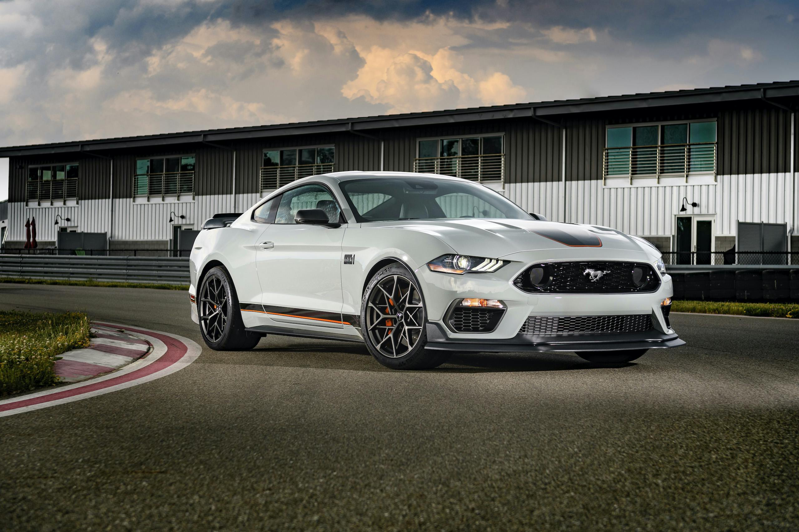 2021 Mustang Mach 1 white front three-quarter