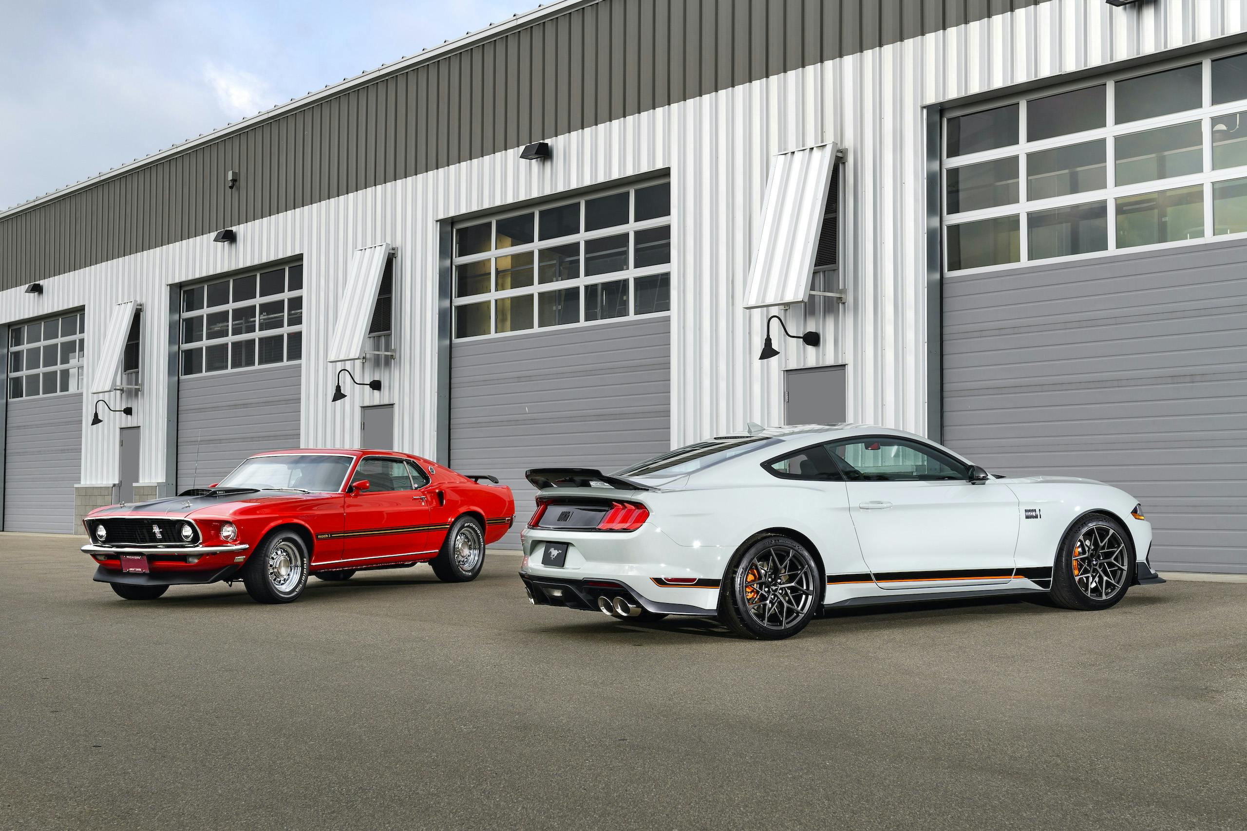 2021 Mustang Mach 1 white rear three-quarter with classic