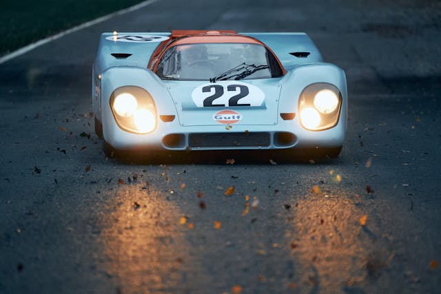 Porsche 917 K racecar front dusk lights