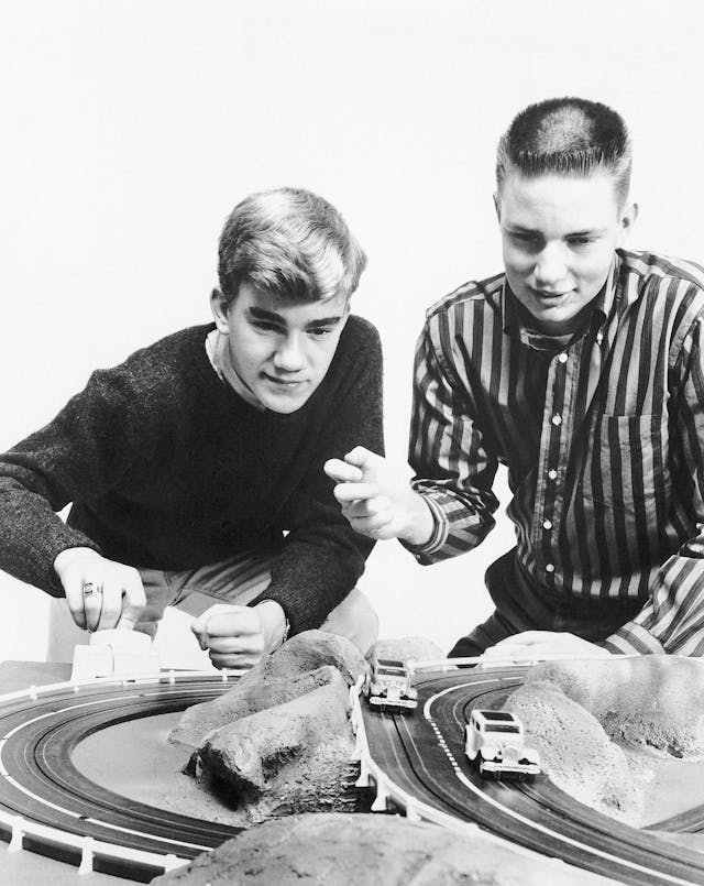 Two Young Boys Playing Slot Car '30s 40s
