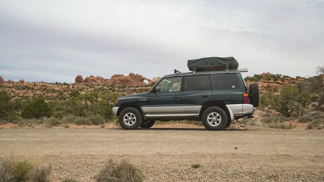 1998 Mitsubishi Montero Arches National Park trail side arch in back ground