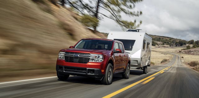 Maverick Ecoboost front three-quarter camper tow action