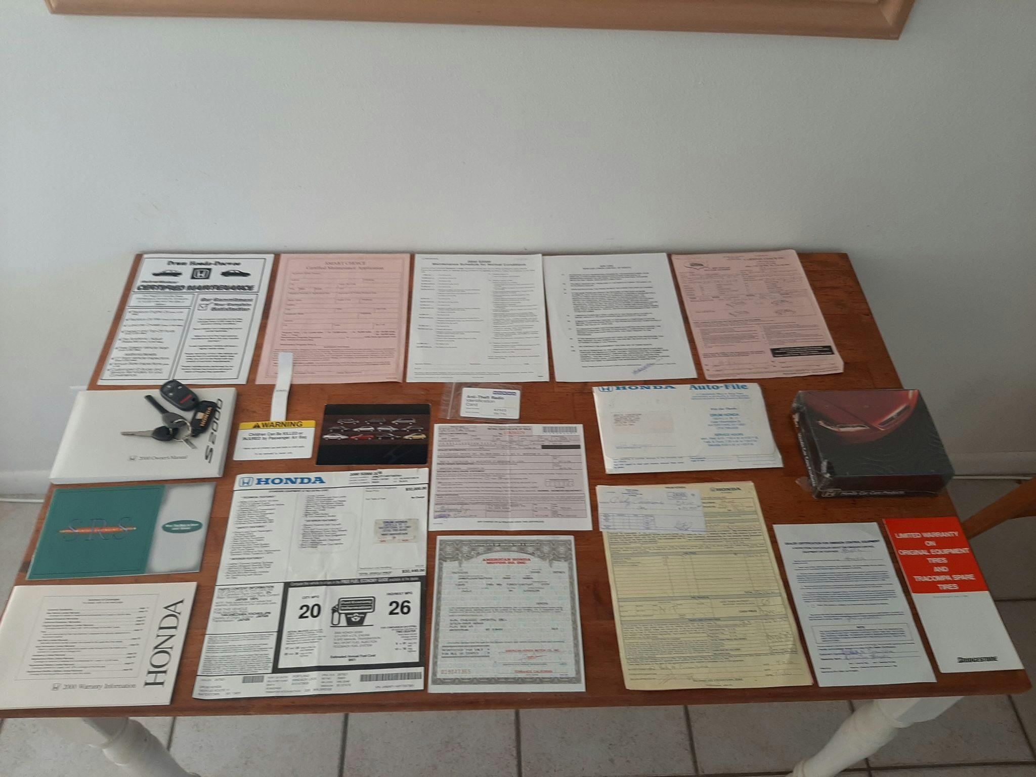 Honda S2000 paperwork