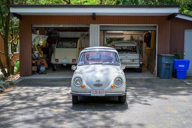 Subaru 360 and Citroen garage