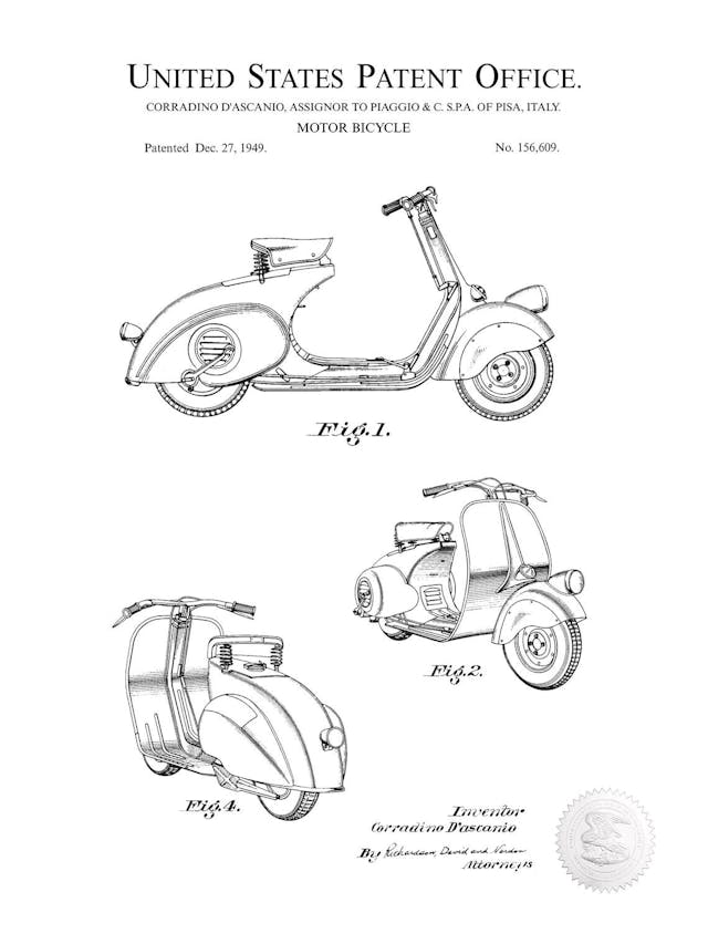 vespa patent drawing black and white