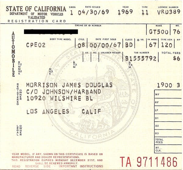 Jim Morrison - 1967 Shelby Registration - 4-30-69