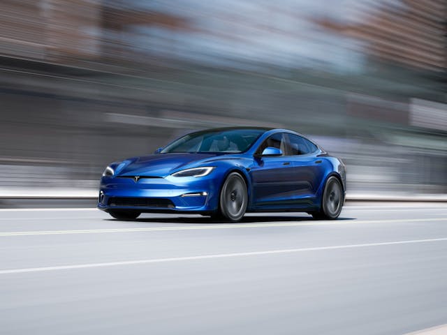 Blue tesla front three-quarter