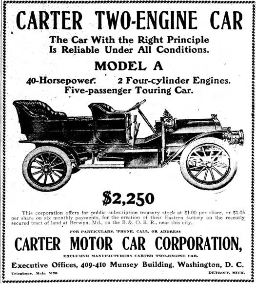 1907 Carter two-engine car - Ad in The Washington Post - 5-22-1907