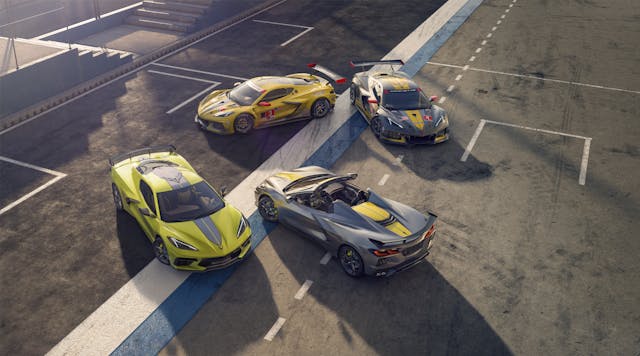 Aerial photo of four racing edition mid-engine Corvettes