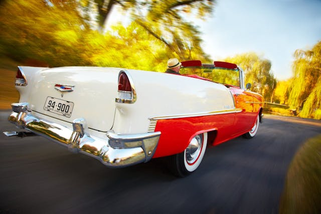 vintage chevy convertible rear three-quarter fall colors