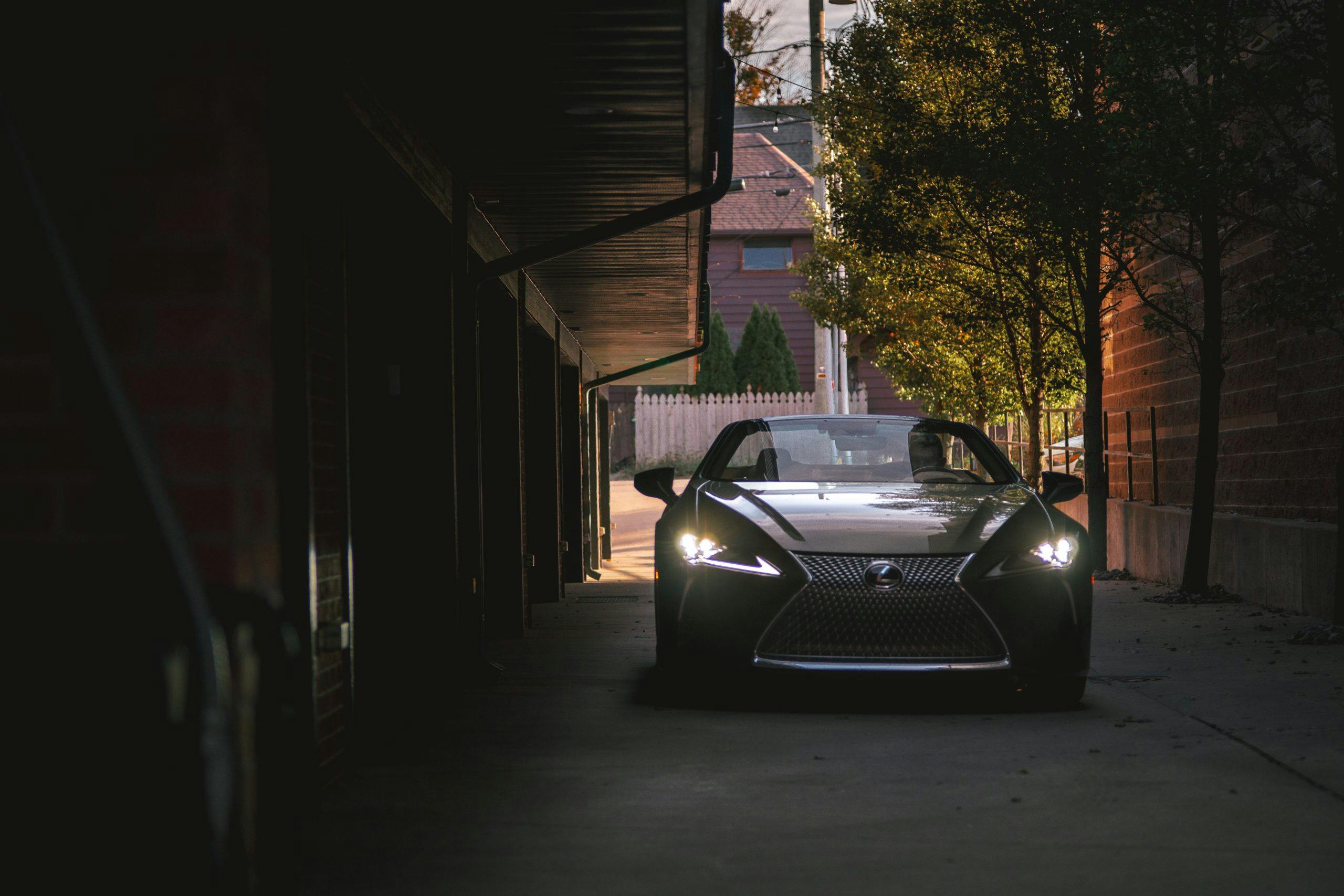 2021 Lexus LC 500 Convertible headlights on shadows downtown