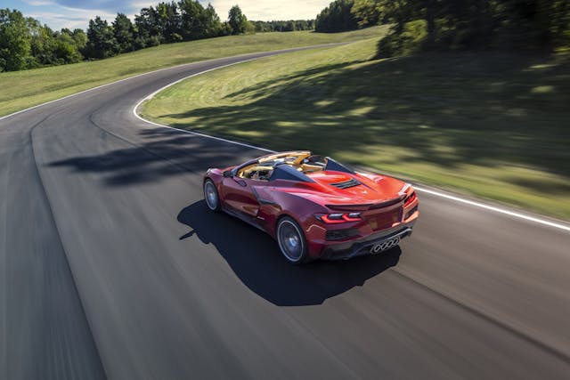 2023 Chevrolet Corvette Z06 red rear three-quarter track action pricing