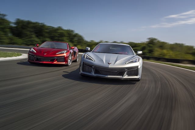 2023 Chevrolet Corvette Z06 silver and red track action
