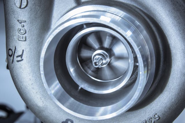 Spinning turbocharger blades closeup