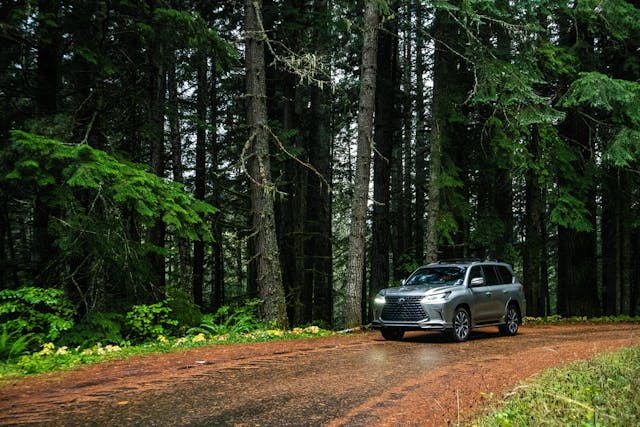 2021 Lexus LX 570 review Mt. Rainier National Park woods wet Front three quarter small