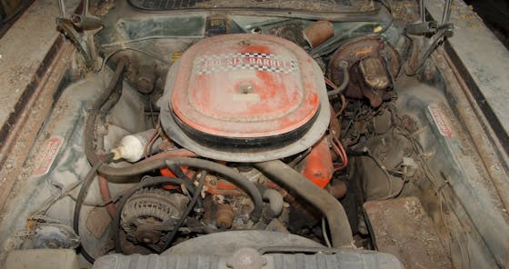 AAR Cuda barn find engine bay front