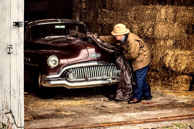 Car covering in barn