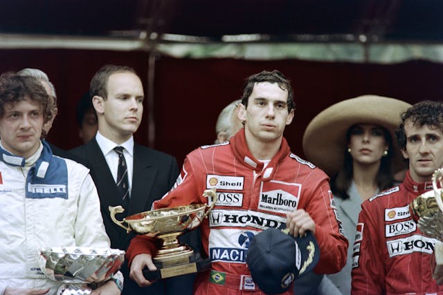 Ayrton Senna and Alain Prost on the podium at Monaco