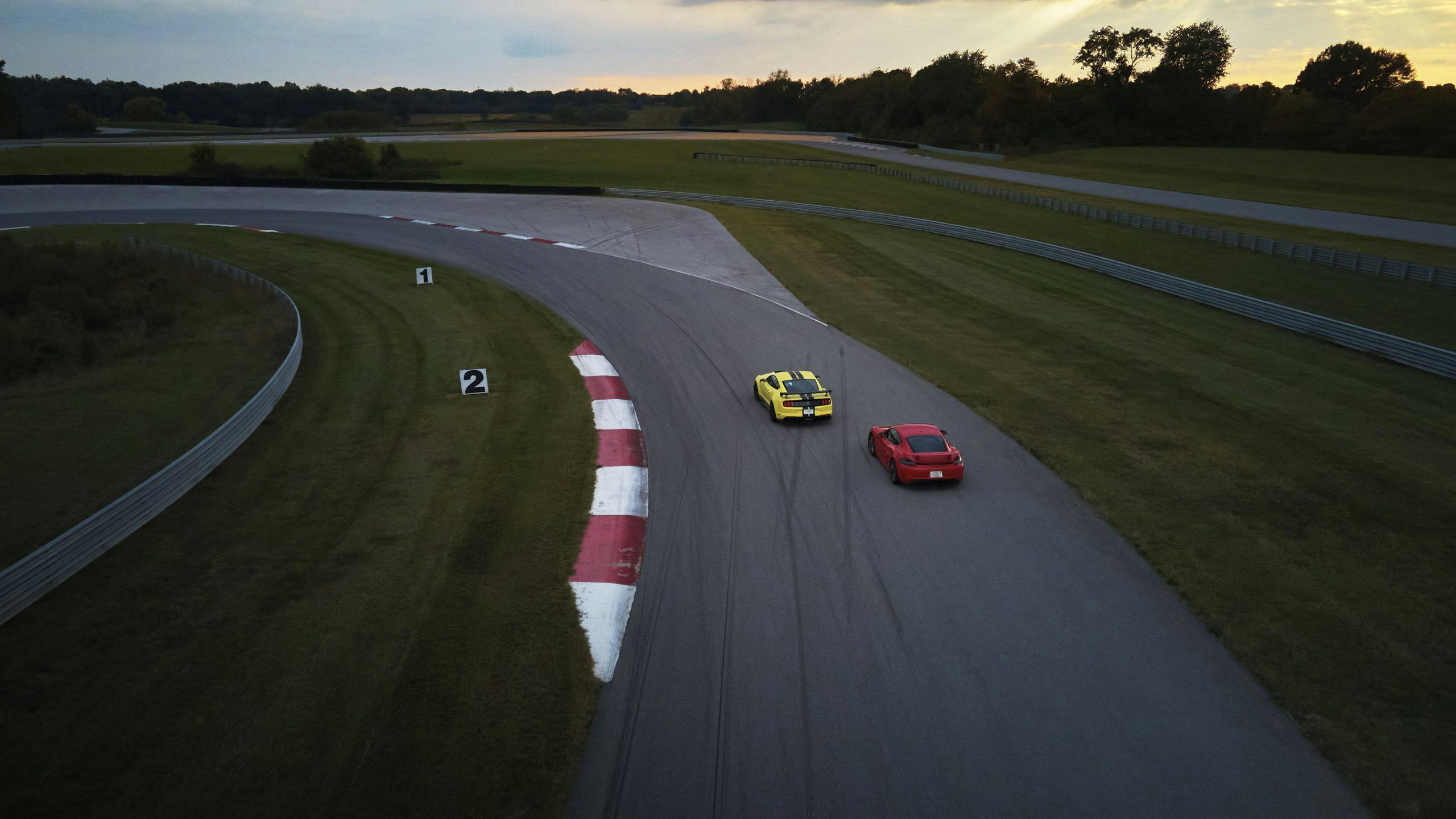 NCM Ford Mustang Shelby GT500 and Porsche Cayman GT4 drone aerial