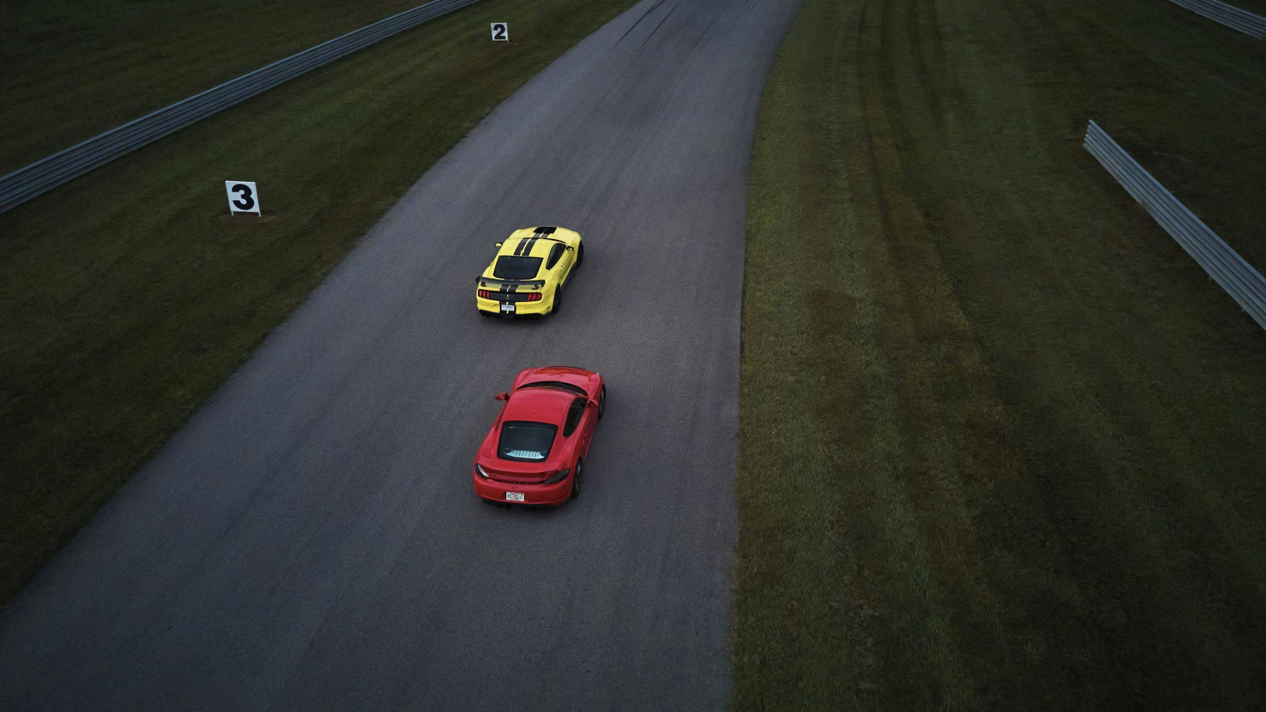 NCM Ford Mustang Shelby GT500 and Porsche Cayman GT4 drone aerial