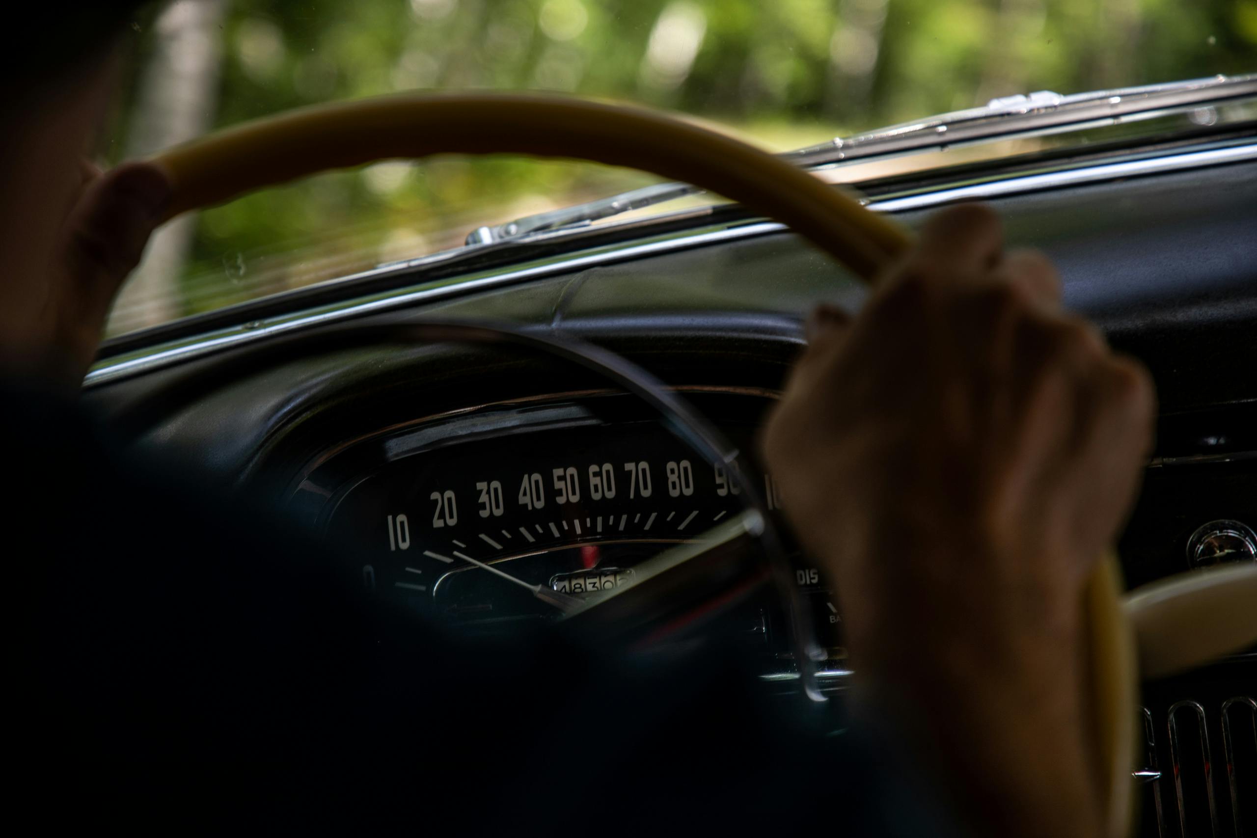 1949 Cadillac Series 62 sedan interior driving action speedometer