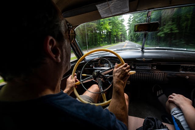 1949 Cadillac Series 62 sedan interior driving action