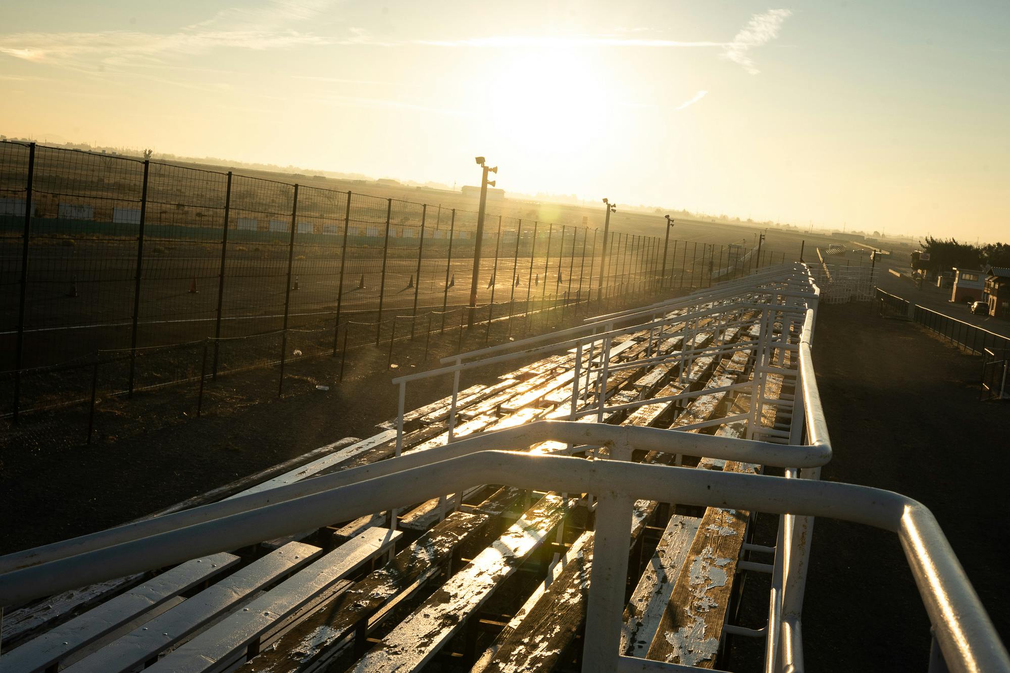 Willow Springs Raceway spectator bench seats at dawn