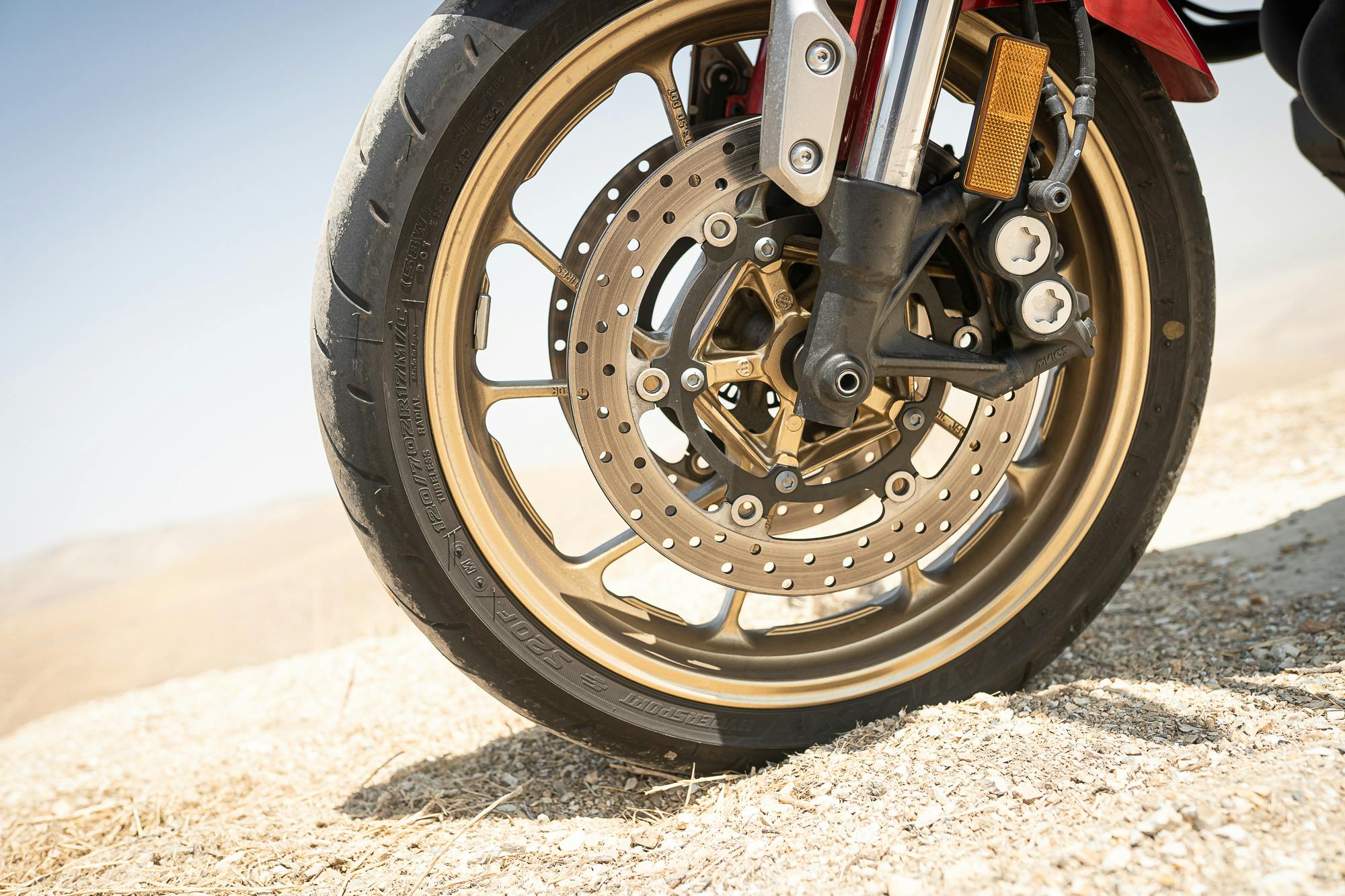 Yamaha XSR900 front wheel brake tire closeup