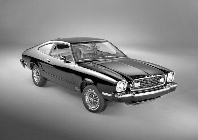1976 Ford Mustang II Mach I front three-quarter black and white