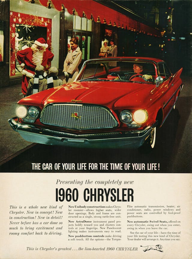 Christmas car ad Chrysler lion-hearted 1960
