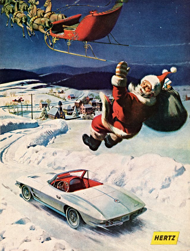 Christmas car ad Hertz Chevrolet sleigh santa dropping in