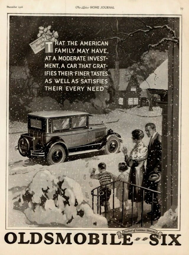 Christmas car ad Oldsmobile Six for families