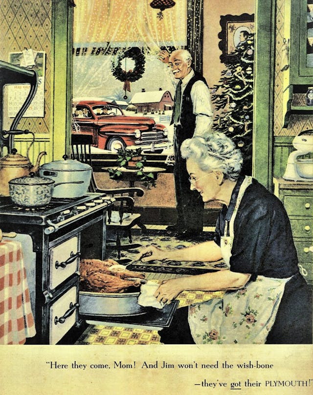Christmas car ad Plymouth grandparents home kitchen