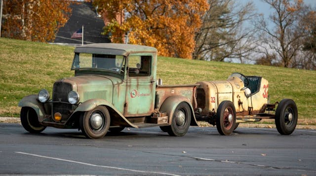1932 Ford Pickup front three-quarters towing race vehicle